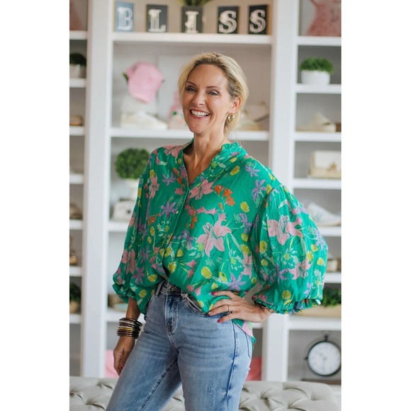 Fate Women's blouse green Floral Print Long Sleeve Zise 1X NWT Multicolor - Picture 3 of 12